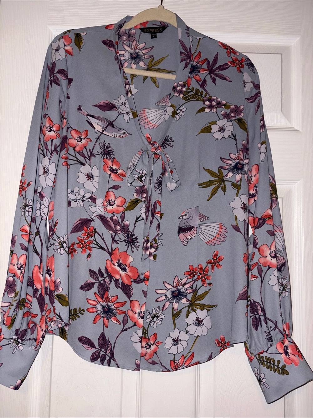 Express Gray Floral Tie-Neck Blouse with Pink Coral Accents
